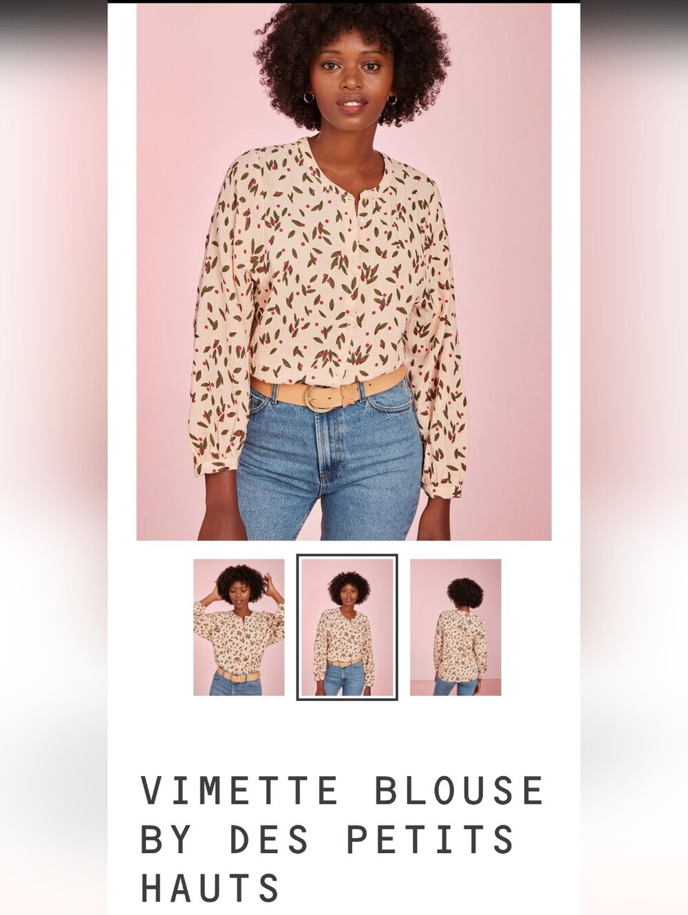 NWOT Des Petits Hauts Vimette 100%Cotton Blouse-Cream with Multi Leaf Print Sz S